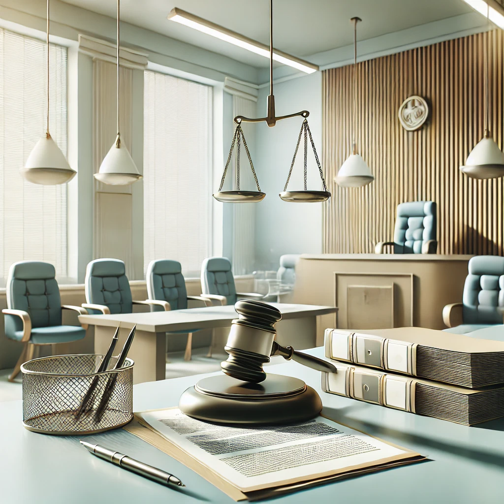 "Ilustração de um tribunal moderno com foco na mesa do juiz, documentos legais e uma cadeira vazia, simbolizando decisões jurídicas e justiça. A imagem tem um tom formal, com cores neutras e ambiente organizado, refletindo a seriedade do tema das mudanças nas saídas temporárias no sistema carcerário."
